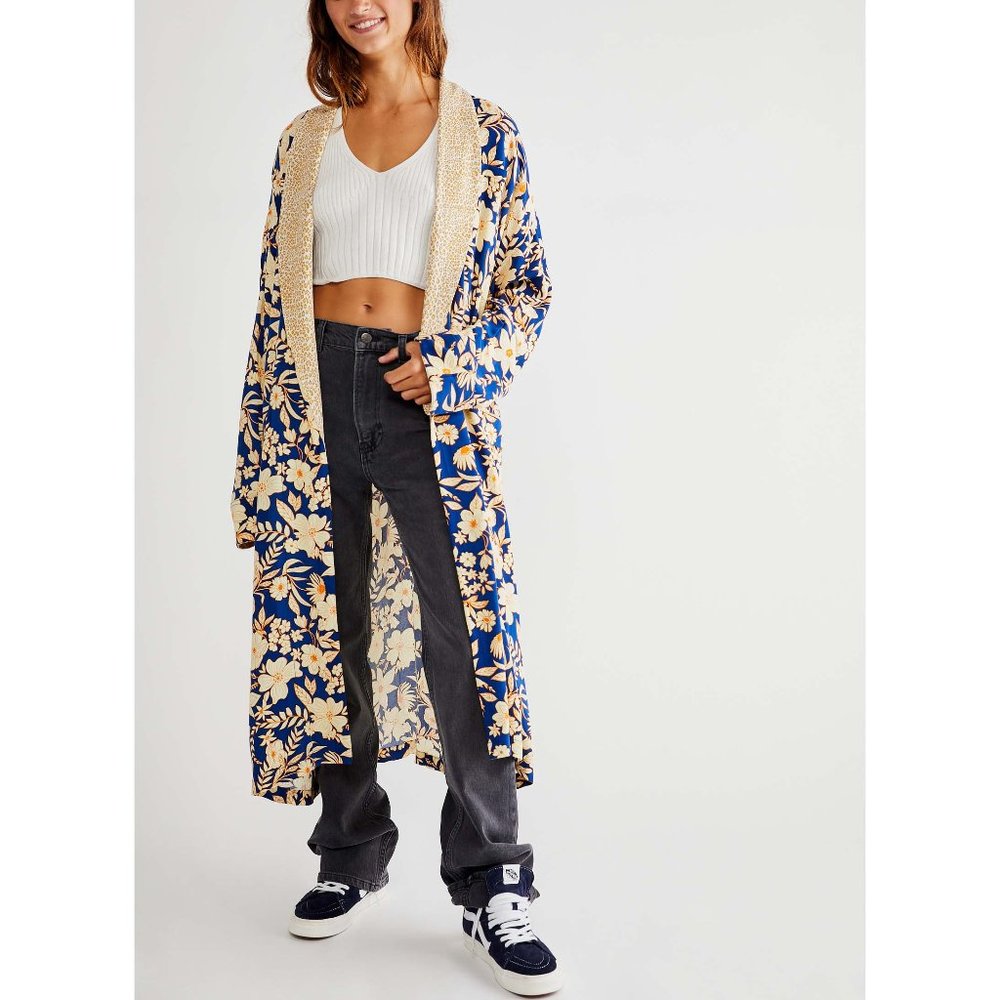 Free People Navy Blue and Cream Floral Duster - Picture 1 of 4